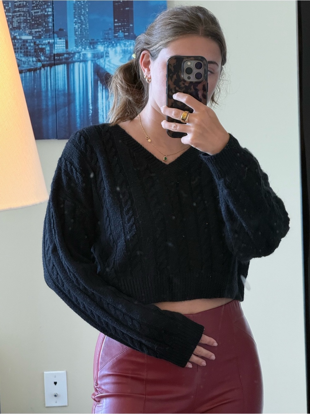 Black V-Neck Cable Knit Cropped Sweater - Women